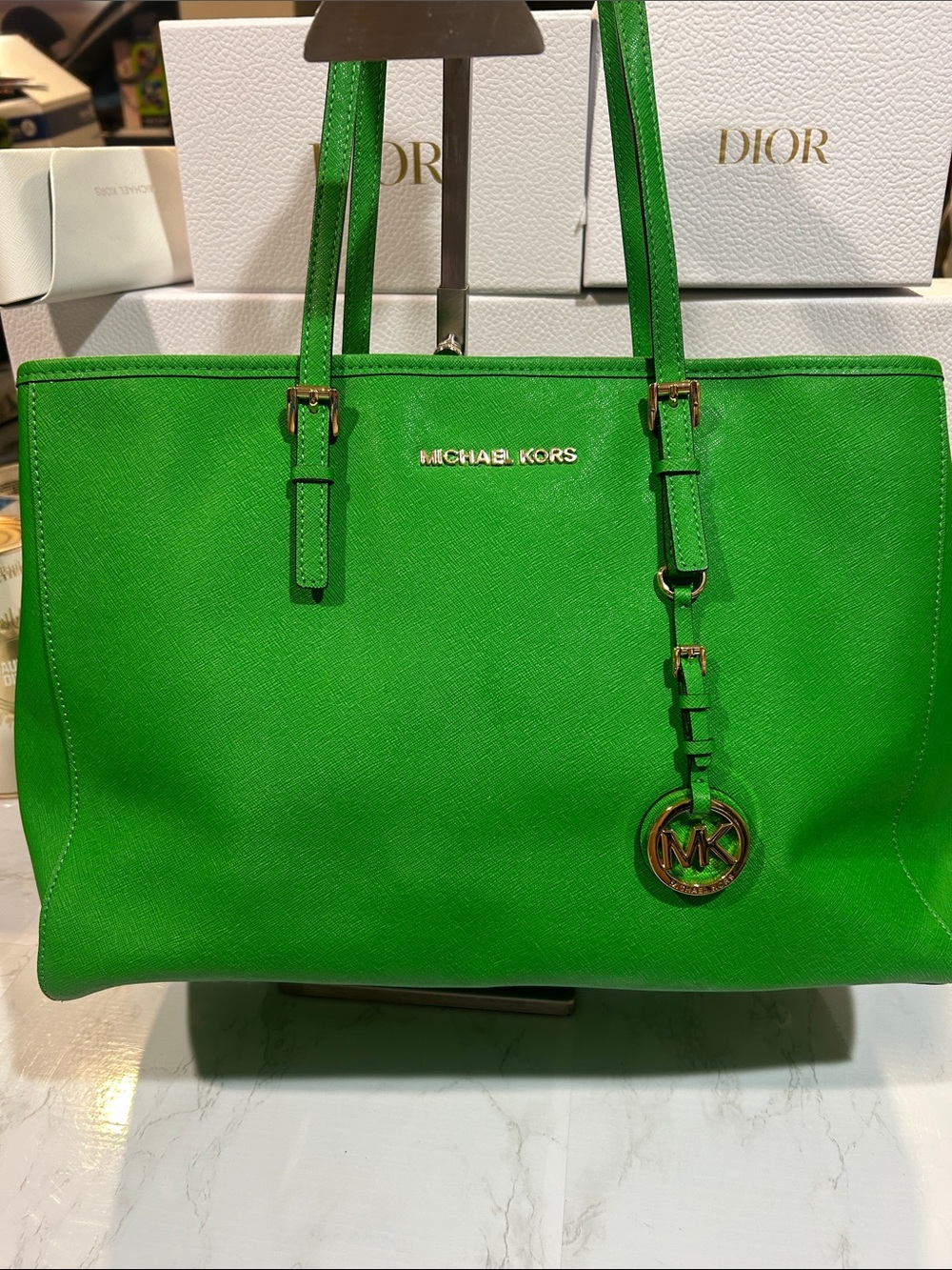 Michael Kors Bright Green Saffiano Leather Tote with Gold Hardware